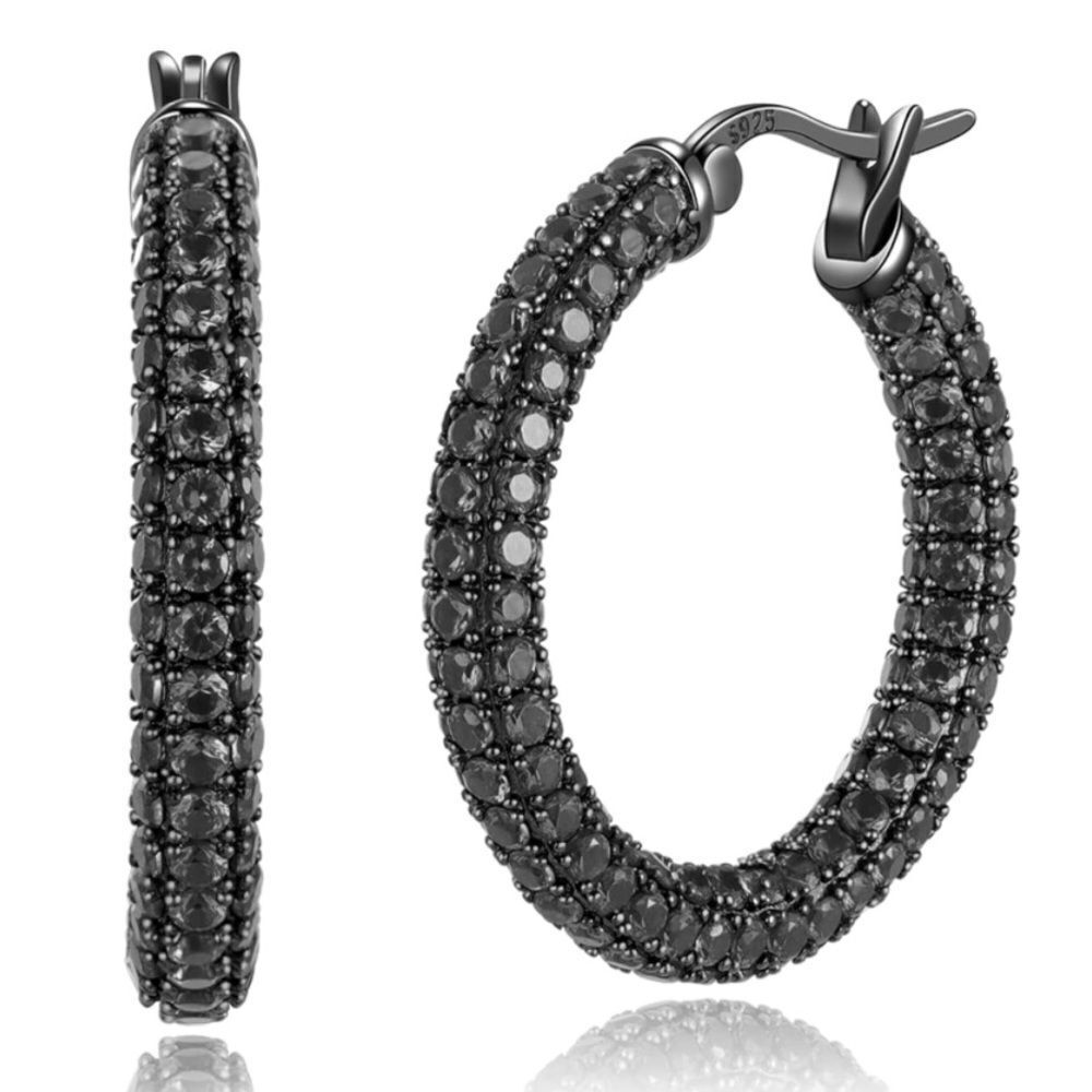 14K Black Gold Sterling Silver with Black Onyx Cubic Zirconia Hoop Earrings